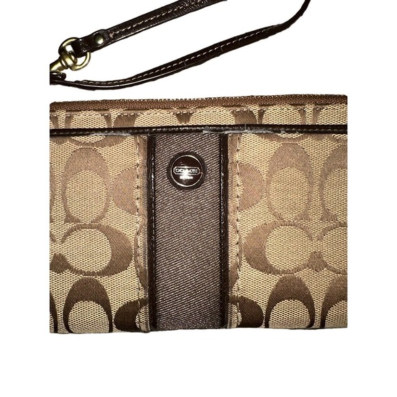 Coach Handbags - Coach Signature Stripe Zippy Wallet Wristlet Brown Canvas